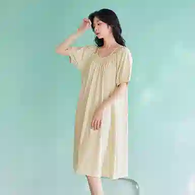 歌倩雅 夏季薄款短袖长款甜美睡衣裙睡裙 女款 杏色