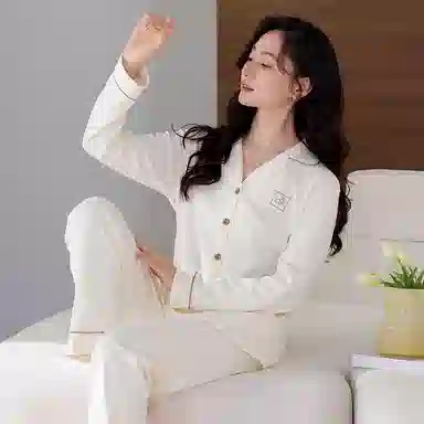 歌倩雅 高级感简约纯色翻领开衫长袖长裤舒适亲肤睡衣套装 女款 白色