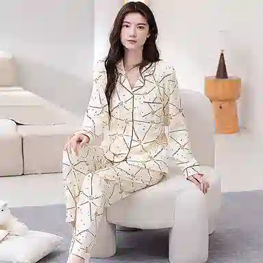 歌倩雅 简约亲肤舒适翻领开衫长袖洋气休闲可外穿长裤睡衣套装 女款 杏色