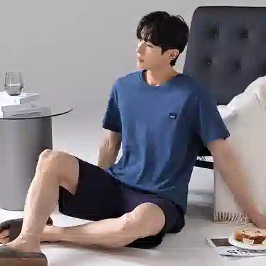 歌倩雅 简约亲肤舒适圆领套头短袖休闲可外穿五分裤睡衣套装 男款 深蓝色