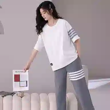歌倩雅 休闲简约拼色圆领短袖上衣松紧腰长裤睡衣套装 女款 白色