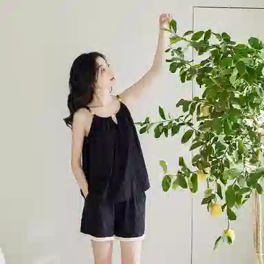 歌倩雅 纯色圆领套头无袖短裤睡衣套装 女款 黑色