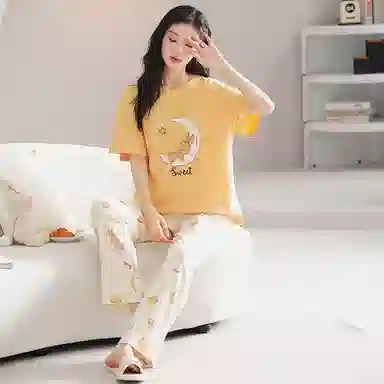 歌倩雅 舒适透气纯色休闲短袖长裤睡衣套装 女款 黄色