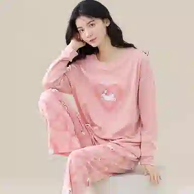 歌倩雅 小兔子字母圆领上衣爱心吸汗排湿长裤睡衣套装 女 粉色