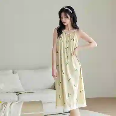 歌倩雅 薄款甜美可爱无袖吊带睡裙 女款 淡黄绿