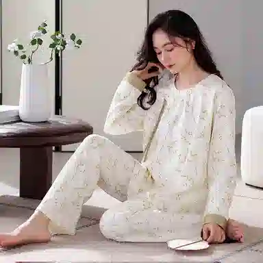 歌倩雅 简约国风亲肤舒适套头长袖休闲可外穿长裤睡衣套装 女款 图片色