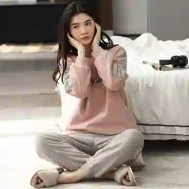 歌倩雅 运动风法兰绒加厚加绒保暖珊瑚绒长袖长裤可外穿睡衣套装 女款 灰粉色