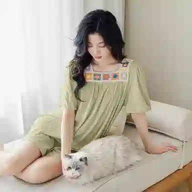 歌倩雅 凉感方领短袖松紧腰短裤睡衣套装 女款 绿色