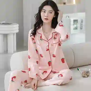 歌倩雅 简约亲肤舒适满印翻领开衫长袖甜美可外穿长裤睡衣套装 女款 粉红色