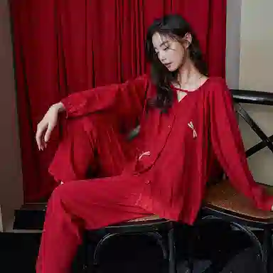 歌倩雅 简约中国风蜻蜓本命年长袖休闲可外穿长裤睡衣礼盒 女款 红色