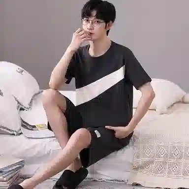 歌倩雅 圆领简约透气上衣松紧腰短裤睡衣套装 男款 黑色