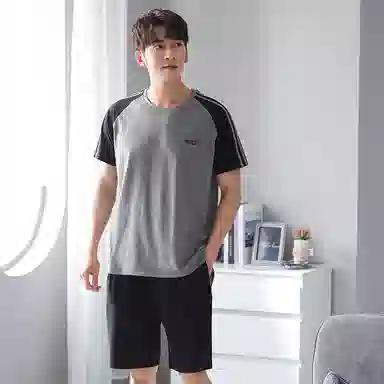 歌倩雅 圆领简约舒适字母上衣松紧腰三分裤睡衣套装 男款 黑灰