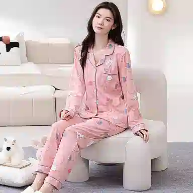 歌倩雅 翻领简约舒适爱心长袖上衣松紧腰长裤睡衣套装 女款 粉色