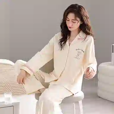 歌倩雅 简约休闲翻领开衫长袖长裤可外穿睡衣套装 女款 杏色