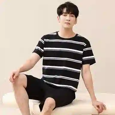 歌倩雅 简约亲肤舒适条纹短圆领套头袖休闲可外穿五分裤睡衣套装 男款 黑色