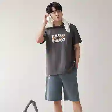 歌倩雅 字母印花圆领套头短袖上衣松紧腰短裤睡衣套装 男款 灰色