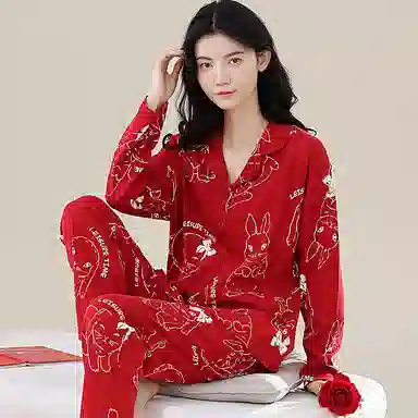 歌倩雅 舒适休闲卡通开衫长袖长裤睡衣套装 女款 红色