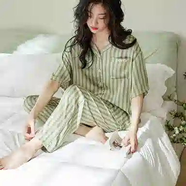歌倩雅 凉感型短袖长裤薄款条纹高级感家居服睡衣套装 女款 绿色