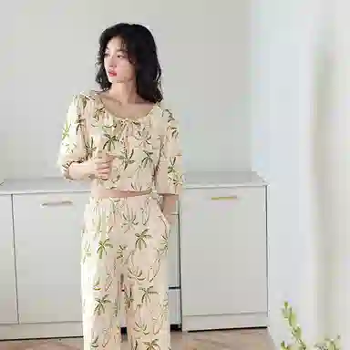 歌倩雅 甜美时尚圆领短袖上衣松紧腰长裤睡衣套装 女款 杏色