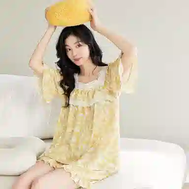 歌倩雅 舒适休闲方领短袖上衣松紧腰短裤睡衣套装 女款 黄色
