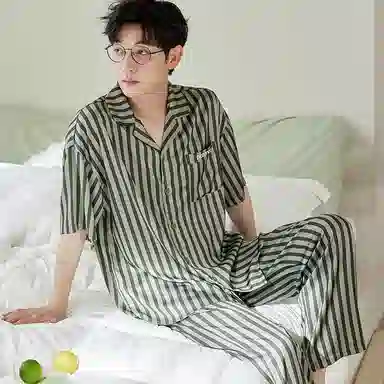 歌倩雅 舒适透气短袖亲肤凉感长裤睡衣套装 男款 绿色
