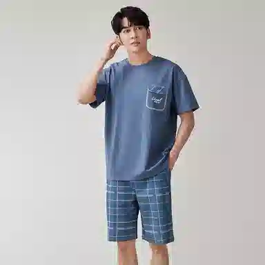 歌倩雅 纯色圆领短袖上衣格子松紧腰短裤睡衣套装 男款 蓝色