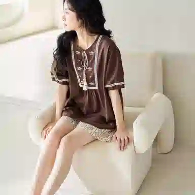 歌倩雅 纯棉薄款短袖舒适休闲短裤睡衣套装 女款 深棕色