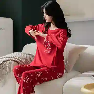 歌倩雅 可爱卡通长袖小熊学生睡衣套装 女款 红色