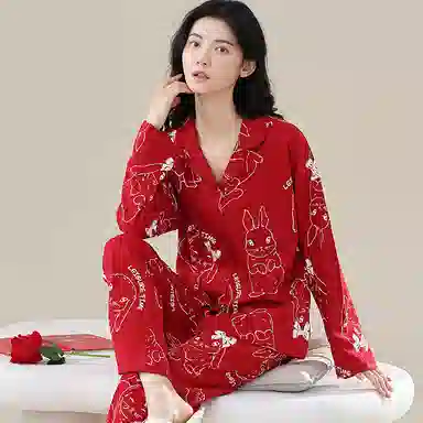 歌倩雅 舒适休闲卡通开衫长袖长裤睡衣套装 女款 红色