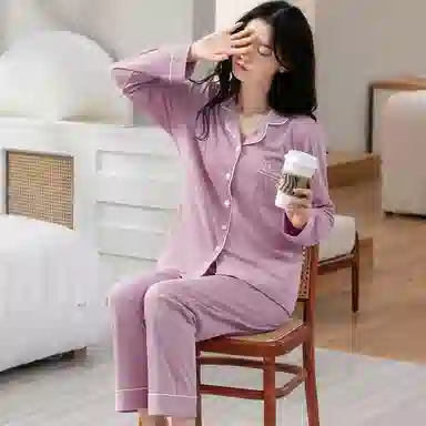 歌倩雅 简约亲肤舒适翻领开衫长袖高档休闲可外穿长裤睡衣套装 女款 紫色