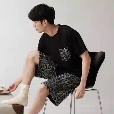 歌倩雅 简约圆领套头短袖短裤透气睡衣套装 男款