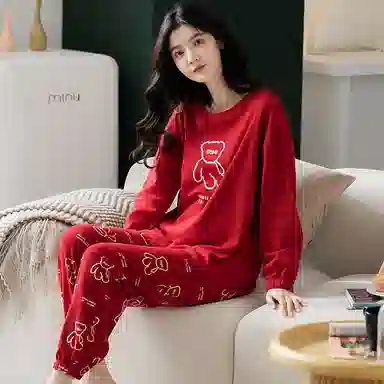 歌倩雅 可爱卡通长袖小熊学生睡衣套装 女款 红色
