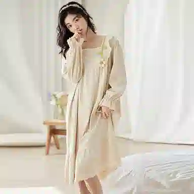 歌倩雅 长款简约甜美套头长袖睡裙 女款 杏色