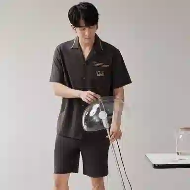 歌倩雅 纯色翻领短袖上衣松紧腰短裤简约睡衣套装 男款 深灰色