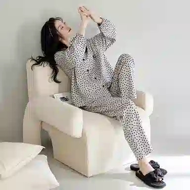 歌倩雅 碎花翻领设计气质时尚长袖上衣长裤睡衣套装 女款 浅灰