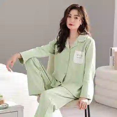 歌倩雅 简约休闲花卉口袋翻领开衫长袖长裤可外穿睡衣套装 女款 绿色