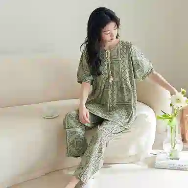 歌倩雅 薄款时尚民族风短袖长裤家居服夏季睡衣套装 女款 绿色