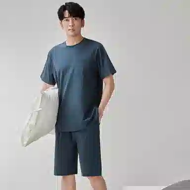 歌倩雅 圆领舒适短袖上衣松紧腰纯色短裤睡衣套装 男款 蓝色
