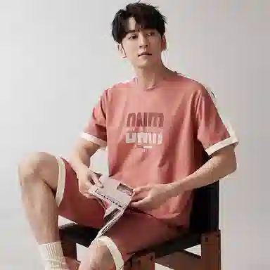 歌倩雅 休闲圆领短袖上衣松紧腰短裤睡衣套装 男款 粉色