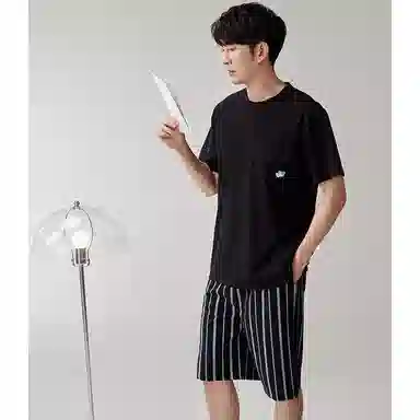 歌倩雅 圆领休闲短袖短裤家居睡衣套装 男款 黑色