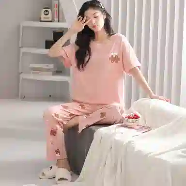 歌倩雅 短袖长裤圆领套头春夏睡衣套装 女款 图片色