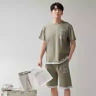 歌倩雅 圆领舒适短袖上衣柔软亲肤短裤睡衣套装 男款 灰绿