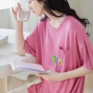 歌倩雅 纯色圆领短袖松紧腰长裤可外穿睡衣套装 女款 玫粉