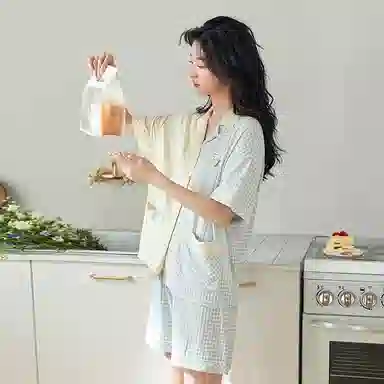 歌倩雅 翻领开衫短袖松紧腰格子短裤睡衣套装 女款 黄蓝色