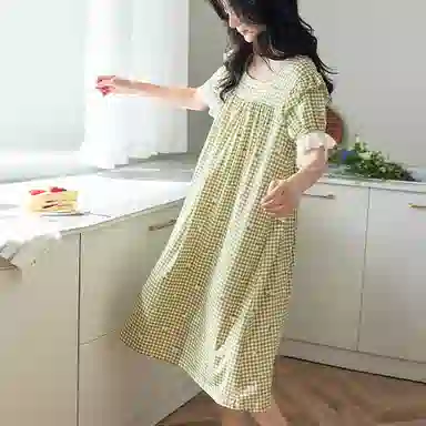 歌倩雅 甜美可爱公主风格子短袖睡衣夏季睡裙 女款 浅绿色