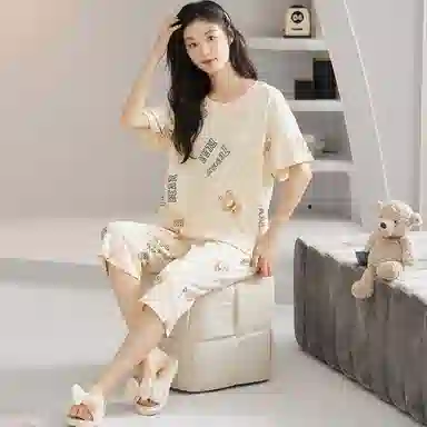 歌倩雅 卡通印花圆领短袖七分裤睡衣套装 女款 杏色