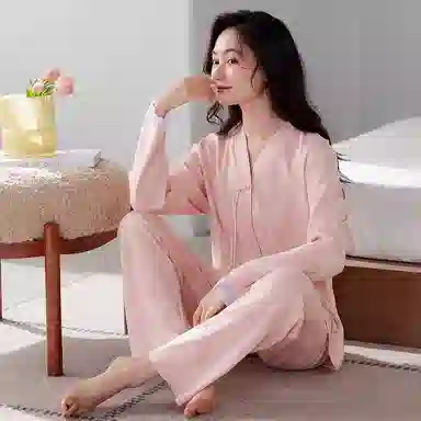 歌倩雅 时尚高级感国风舒适长袖长裤睡衣套装 女款 粉色