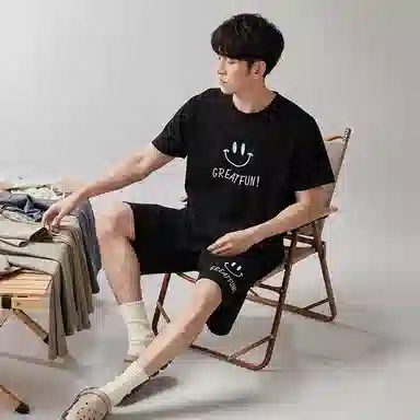 歌倩雅 圆领套头印花短袖上衣松紧腰短裤睡衣套装 男款 黑色