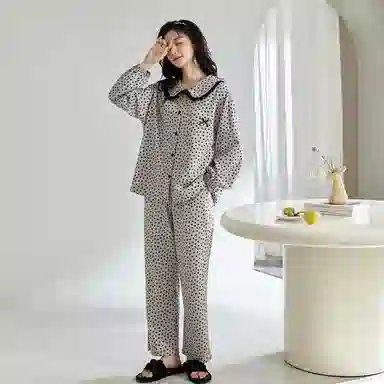 歌倩雅 碎花翻领设计气质时尚长袖上衣长裤睡衣套装 女款 浅灰