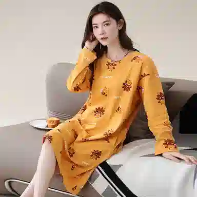 歌倩雅 纯棉长袖可外穿韩版中长款睡裙 女款 黄色